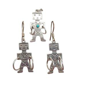 Vtg Native Bell Trading Kachina Hoop Dancer Earrings Pendant Set Sterling Silver